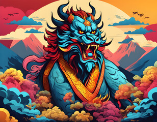 colorful Ancient Chinese mythical beast Qiongqi mythical beast with cool isolated pop art style background
