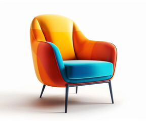Naklejka premium Modern colorful armchair with vibrant gradient upholstery in yellow, orange, red, and blue tones. Isolated on white background. Ideal for interior design, furniture catalogues, or contemporary home 