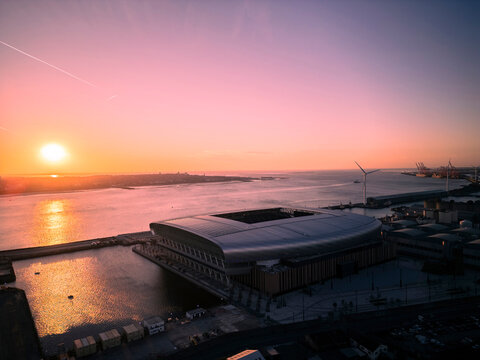 LIVERPOOL, UK - APRIL 04, 2025: Drone aerial view of Everton Stadium at Bramely-Moore in Liverpool.