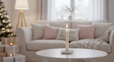 A comfortable sofa anchors the modern living room's interior design, illuminated by soft indoor light