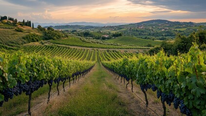 Picturesque vineyard landscape at sunset.  Rolling hills, rows of grapevines, and rich colors characterize this idyllic scene