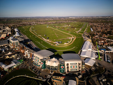 AINTREE, UK - APRIL 05, 2025: Drone aerial view of Aintree Racecourse and the Grand National