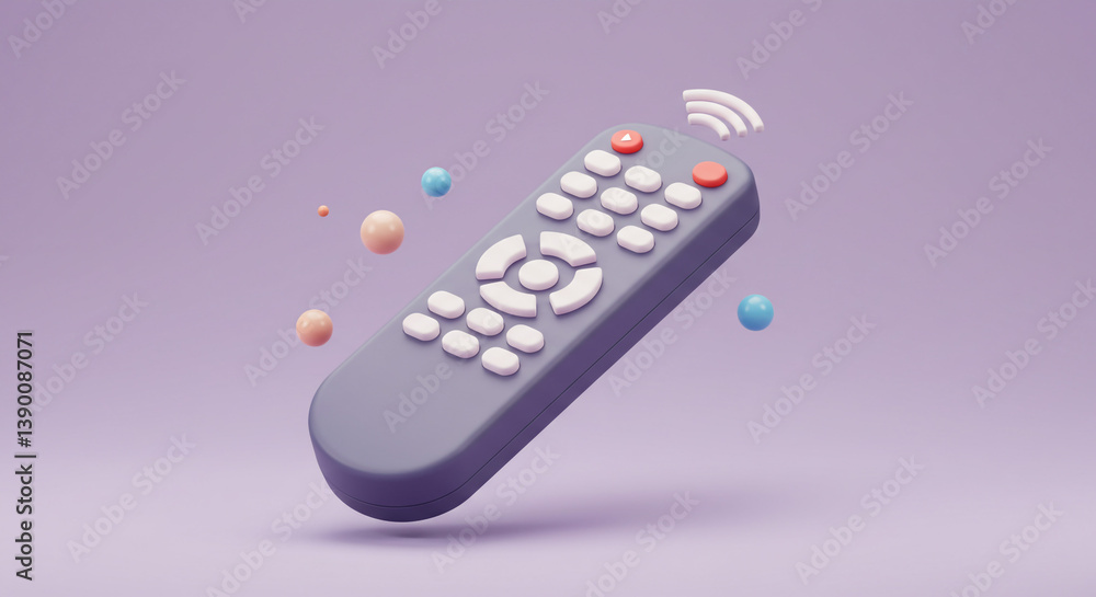 Poster a playful 3d rendered remote control floating amidst pastel spheres, broadcasting its signal across 