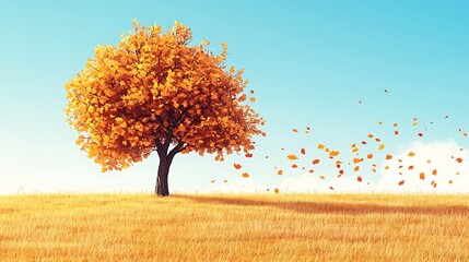 Solitary autumn tree in a golden field.