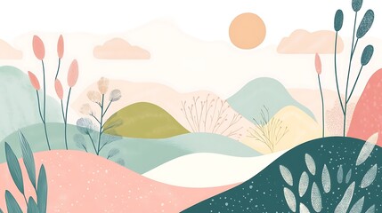 Pastel landscape illustration with rolling hills, plants, and sun.