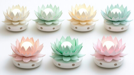A collection of nine flower-shaped lamps in various pastel shades of pink, green, and yellow.