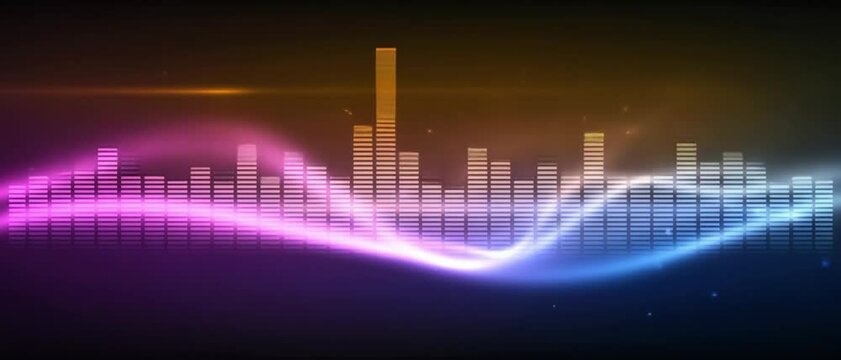 A glowing music spectrum reacts dynamically in a multicolored audio visualizer.