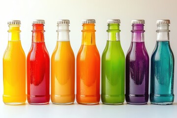 Vibrant rainbow-colored fruit juice bottles in a perfect lined arrangement