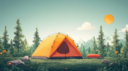 Scenic View of a Vibrant Orange Tent in a Peaceful Natural Landscape Surrounded by Lush Trees and Mountains
