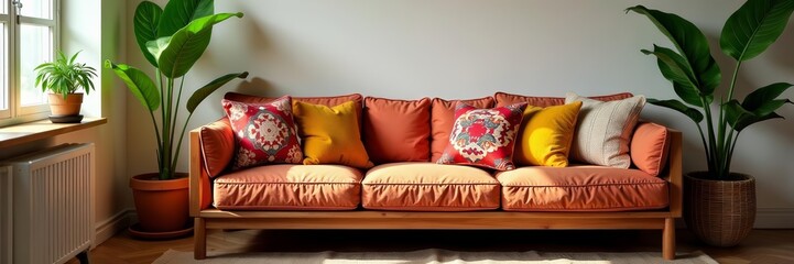 Bohemian style interior with wooden sofa, colorful patterned cushions, and plants, plants, wood, sofa