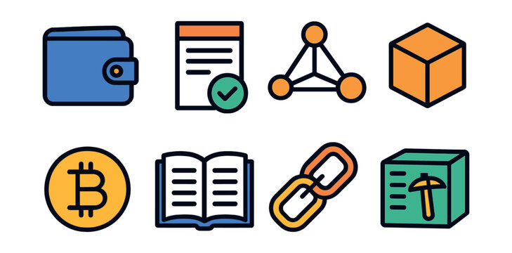 Essential cryptocurrency and blockchain icons set — linear style