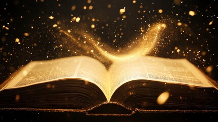 Enchanted book with glowing magic dust in motion