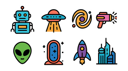 Naklejka premium Futuristic space exploration icons set: 8 colorful linear designs