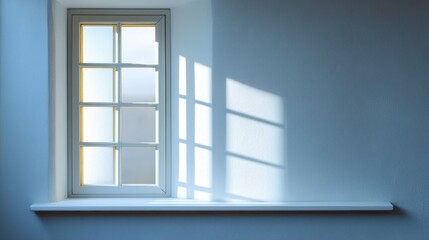 Fototapeta premium Bright Window Casting Shadows on Wall in Minimalist Room with Soft Blue Tones and Natural Light Effects