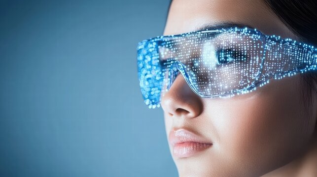 Futuristic Woman Wearing High-Tech Glasses with Digital Effects