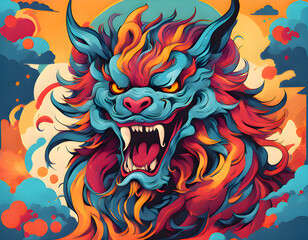 colorful Chaos, the ancient Chinese mythical beast with cool isolated pop art style background