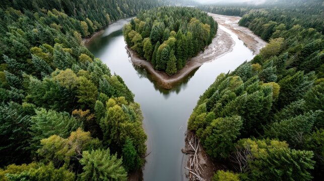 This serene aerial view captures a river fork embraced by lush forest, illustrating the beauty of nature&rsquo;s waterways and the tranquility they offer amidst vibrant green surroundings.
