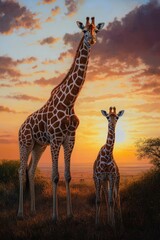 Giraffes at sunset in savanna