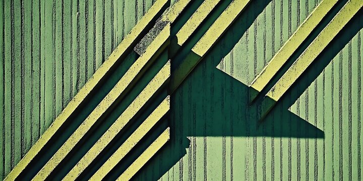 Oblique yellow linear structures casting unique shadows on a textured green surface