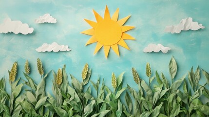 Obraz premium Vibrant Paper Art Landscape with Sun, Clouds, and Wheat Field in Warm Colors for Creative Projects