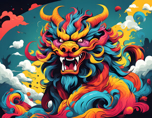 colorful Chaos, the ancient Chinese mythical beast with cool isolated pop art style background