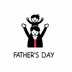A joyful father playfully carrying his child on his shoulders celebrating Father's Day with a simple black and red icon design.