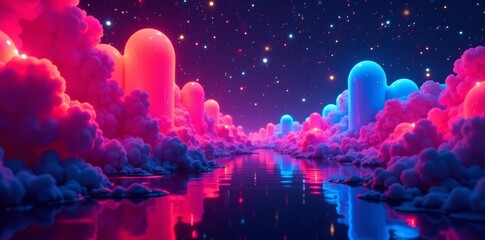 Bright neon abstract shapes on a psychedelic background, creating a mesmerizing and surreal atmosphere, surreal, pattern, futuristic