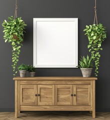 Fototapeta premium Blank White Poster Frame Mockup on Rustic Wooden Sideboard with Plants