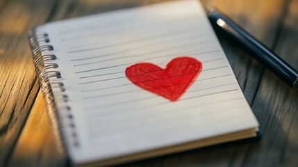 Red heart drawing on lined notebook with pen on wooden surface