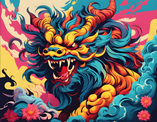 colorful Chaos, the ancient Chinese mythical beast with cool isolated pop art style background