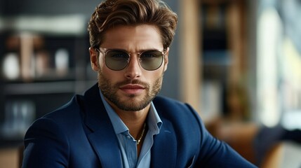 Obraz premium Confident caucasian young male in blue suit and sunglasses in modern setting