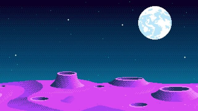 Looping animation of pixel art planet surface with craters background. Animated cosmic game location. Seamless clip of outer space in 2d retro 8-bit style.