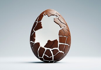 Cracked Brown Chocolate Easter Egg with White Interior on Gray Background