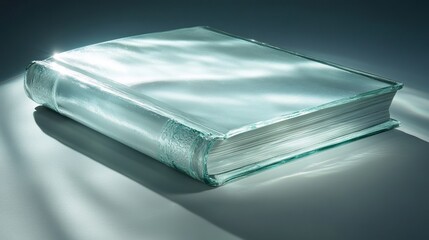 Crystal clear glass book on illuminated surface casting shadows