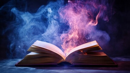 Enchanted open book with mystical blue and pink smoke emanating from pages