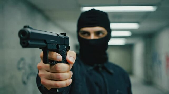 4k video of a criminal aiming a gun.