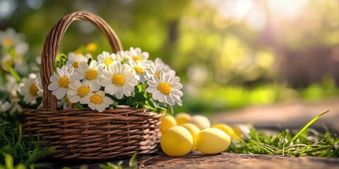 A basket filled with colorful flowers and decorated eggs rests on the grass.