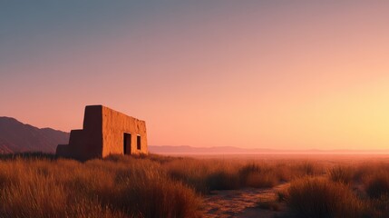 Fototapeta premium Warm, golden hour lighting highlights a solitary structure in a vast field. The landscape features soft grass and distant mountains, evoking a sense of serenity and nomadic life