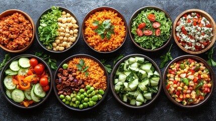 Assorted healthy bowls with various ingredients