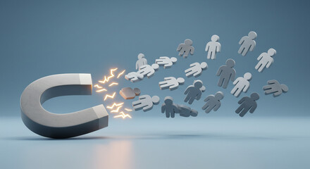 A powerful magnet attracting a stream of people, symbolizing the irresistible pull of a captivating brand or idea against a subtle gray backdrop.