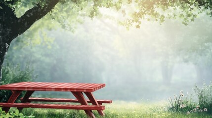 Obraz premium Tranquil Outdoor Scene with Red Picnic Table Surrounded by Lush Greenery and Soft Morning Light