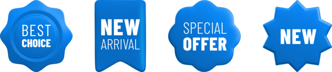 Vector cartoon 3d promo labels set. Special offer, Best Choice, New Arrival blue badges. Realistic 3d render sale stickers. Discount tags isolated on white background. Shopping banner template.