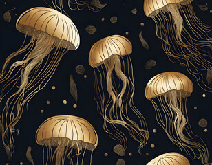 Dark luxury art hand drawn jellyfish in gold art  background