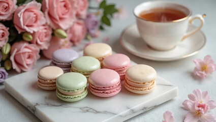 French macarons in pastel colors arranged elegantly on a marble tray