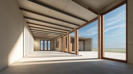 Fototapeta premium Natural light floods the open space of a passive house under construction, showcasing efficient architectural features and generous window placements that enhance energy use and comfort