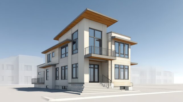 This passive house showcases modern architectural lighting and sustainable design principles in a two-story structure, set against a clear blue sky