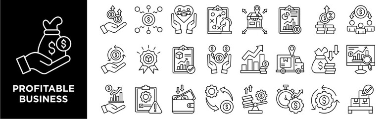 Profitable business icon collection set. Containing profit, revenue, income, sales, margin, cash flow, capital, asset icon. Simple line vector	