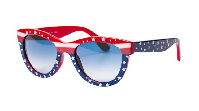 Patriotic sunglasses with stars and stripes on transparent background