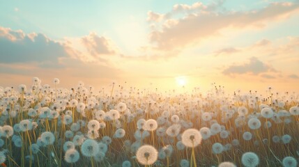 Tranquil Dandelion Field Under Bright Sky at Sunset with Soft Clouds and Warm Horizon Glow