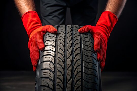 Tire service technician holding new car tire auto repair shop tires